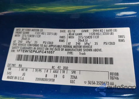 2018 Ford F-150 Xl z USA, uszkodzony, nr VIN 1FTEW1EP6JFC41057